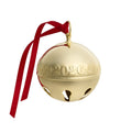 A shiny gold Christmas bell ornament with a red hanging ribbon, featuring embossed '2026' and Chinese characters on the front, isolated on a white background.