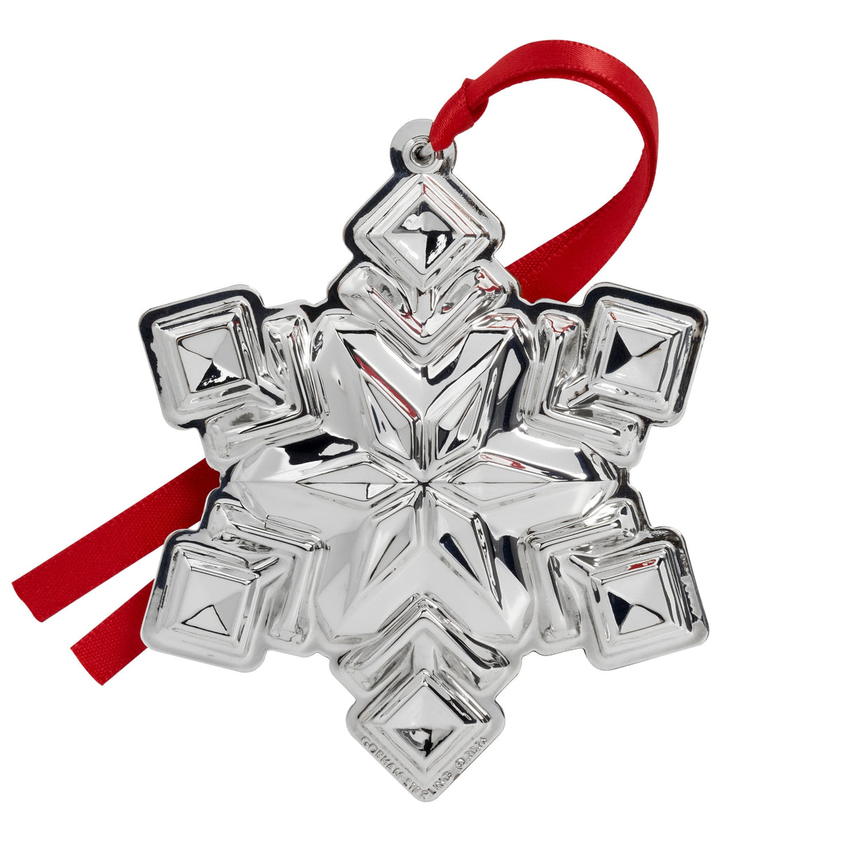A silver snowflake-shaped Christmas ornament with a red hanging ribbon, shown on a plain white background.