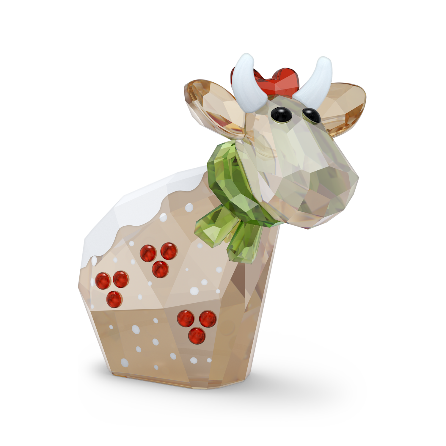 A faceted crystal-style decorative figure shaped like a cow or goat head and upper body, shown on a plain white background. The figure has a beige/tan body, white horns and hooves, a green scarf, red decorative accents on the head and body, and black eyes.