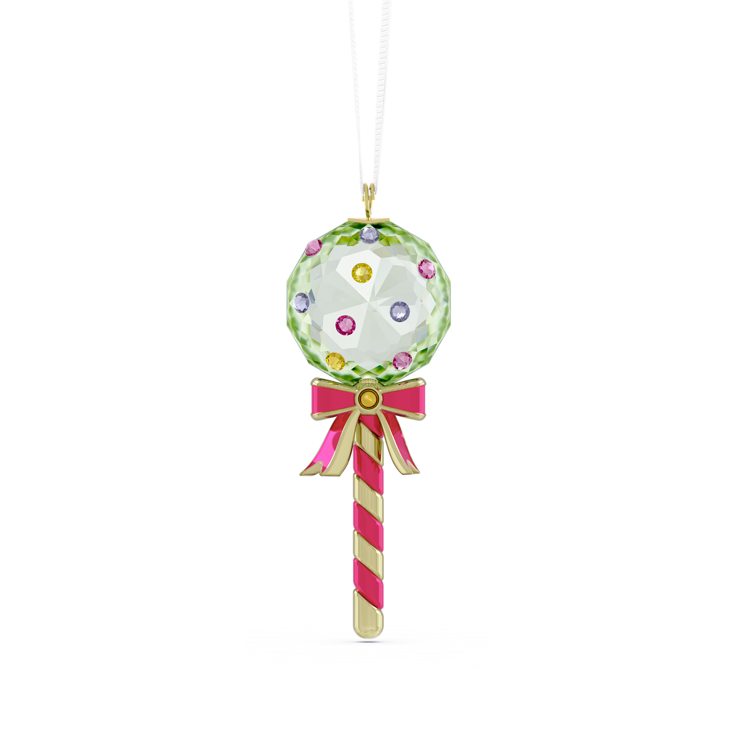 A hanging ornament shaped like a lollipop, with a faceted green-and-white spherical top decorated with small multicolored gem-like accents, a pink bow with gold trim, and a pink-and-white striped stick below, shown on a plain white background.