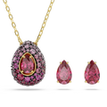 A gold necklace with an egg-shaped pendant and matching teardrop stud earrings, featuring a central pink gemstone surrounded by pink and dark pavé-set stones, shown on a white background.