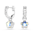 A pair of silver huggie hoop earrings with small clear crystal accents and a dangling star-shaped iridescent blue and yellow gemstone, shown on a plain white background.