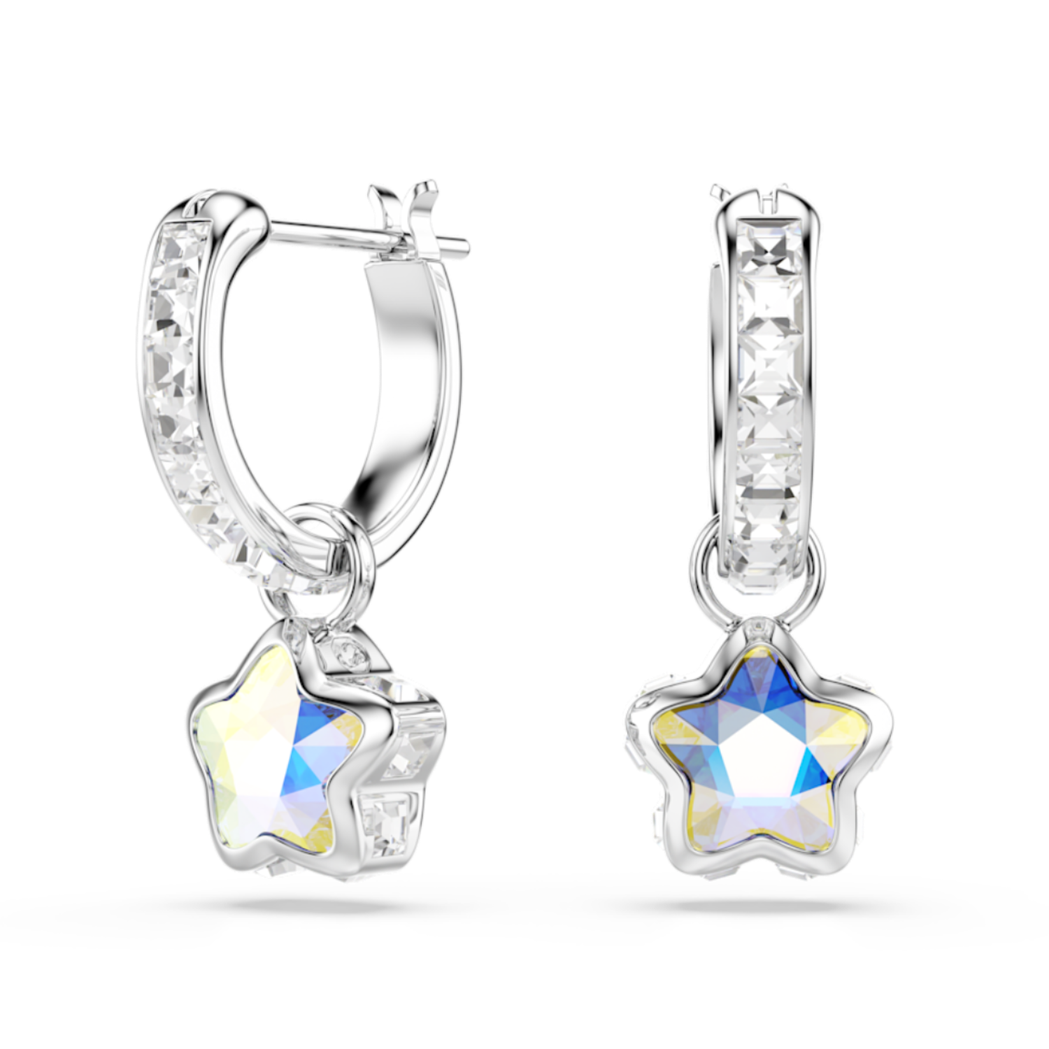 A pair of silver huggie hoop earrings with small clear crystal accents and a dangling star-shaped iridescent blue and yellow gemstone, shown on a plain white background.