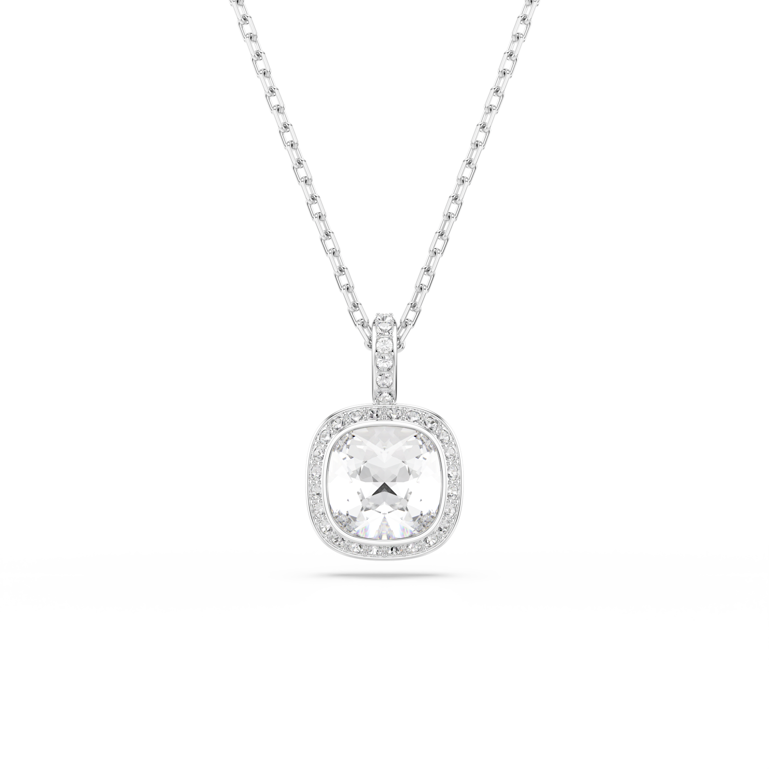 A silver-toned cushion-cut halo pendant necklace with a clear central gemstone and small accent stones, shown on a white background.