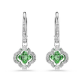 A pair of silver leverback earrings featuring a central green four-petal flower motif surrounded by small clear stones, shown on a plain white background.