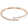 A rose gold open bangle bracelet featuring a curved row of clear pavé stones and a single round-cut center stone, shown on a clean white background.