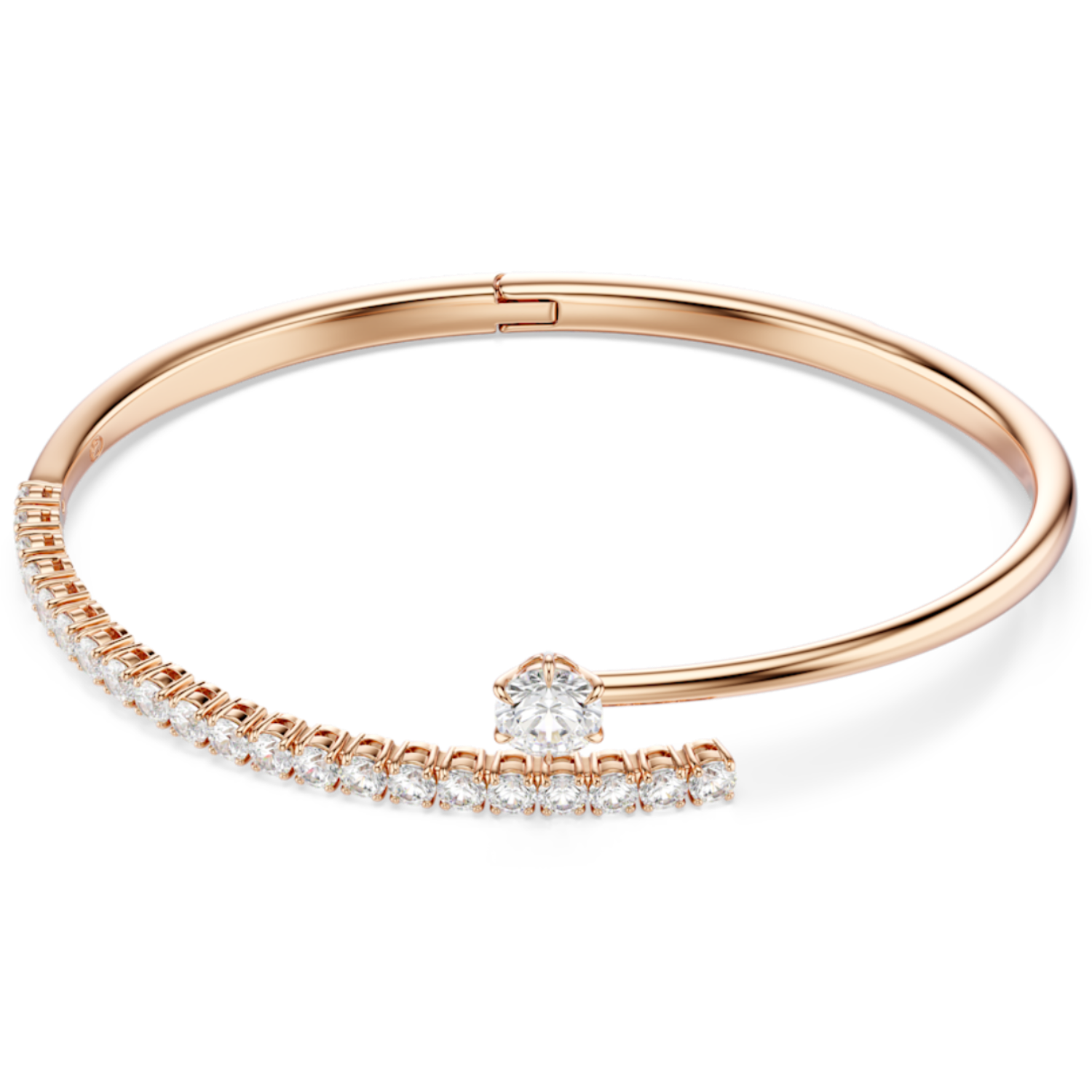 A rose gold open bangle bracelet featuring a curved row of clear pavé stones and a single round-cut center stone, shown on a clean white background.