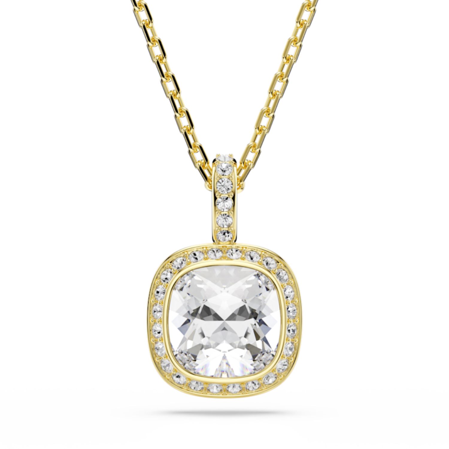 A yellow gold necklace with a cushion-cut clear gemstone pendant, surrounded by a halo of small clear stones, on a plain white background.