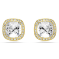 A pair of gold cushion-cut stud earrings featuring a large clear central gemstone surrounded by a halo of small clear stones, shown on a plain white background.