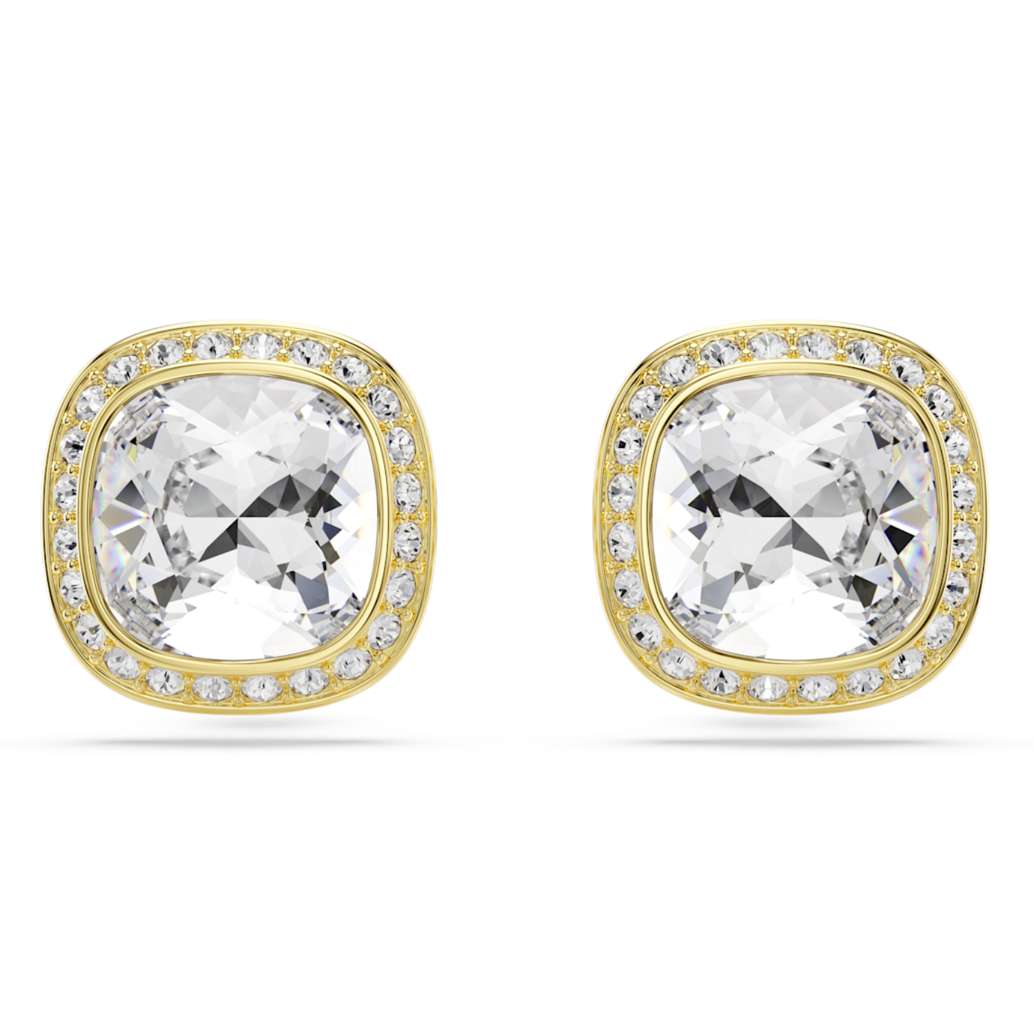 A pair of gold cushion-cut stud earrings featuring a large clear central gemstone surrounded by a halo of small clear stones, shown on a plain white background.