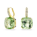 Gold earrings with green gemstones on a white background