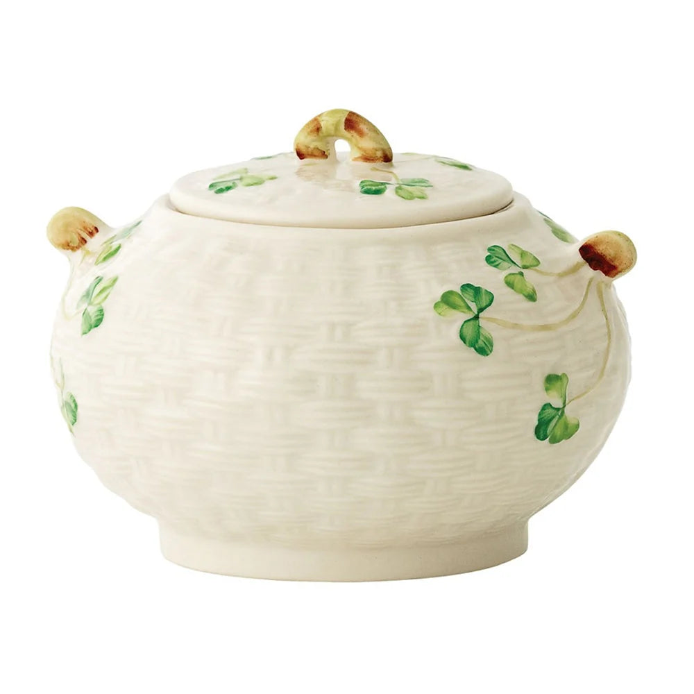 Belleek Pottery Shamrock Covered Sugar 