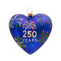 Heart-shaped blue ornament with gold floral patterns and '250 Years' text on a white background