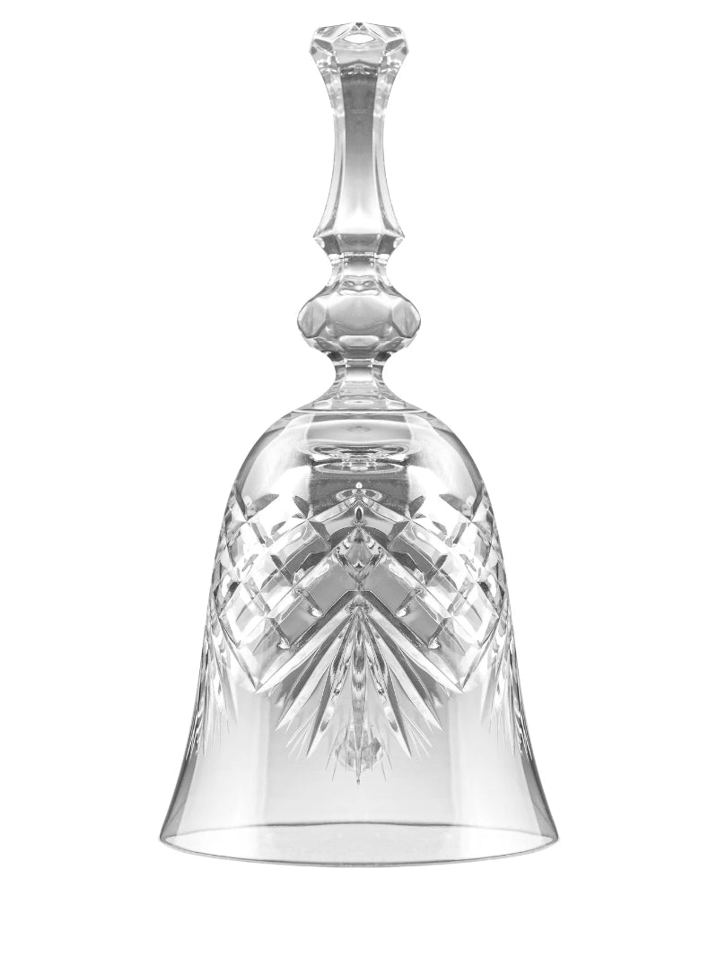 Clear crystal bell-shaped object on a white background