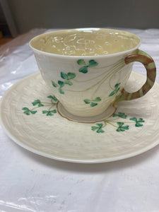 Belleek Pottery Shamrocks Lustre Tea Cup And Tea Saucer