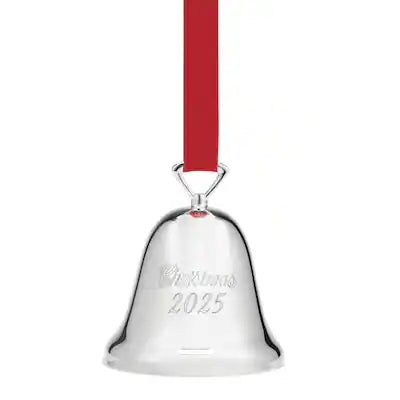 Silver bell ornament with 'Christmas 2025' text on a white background