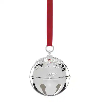 Silver bell ornament with a red ribbon on a white background