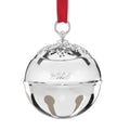 A polished silver Christmas bell ornament engraved with the year '2026' and hanging from a red ribbon loop, shown against a plain white background.