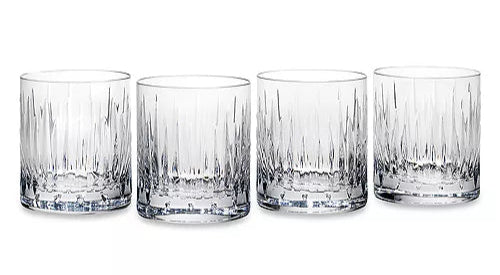 A set of four clear crystal double old fashioned glasses with a diamond cut design.