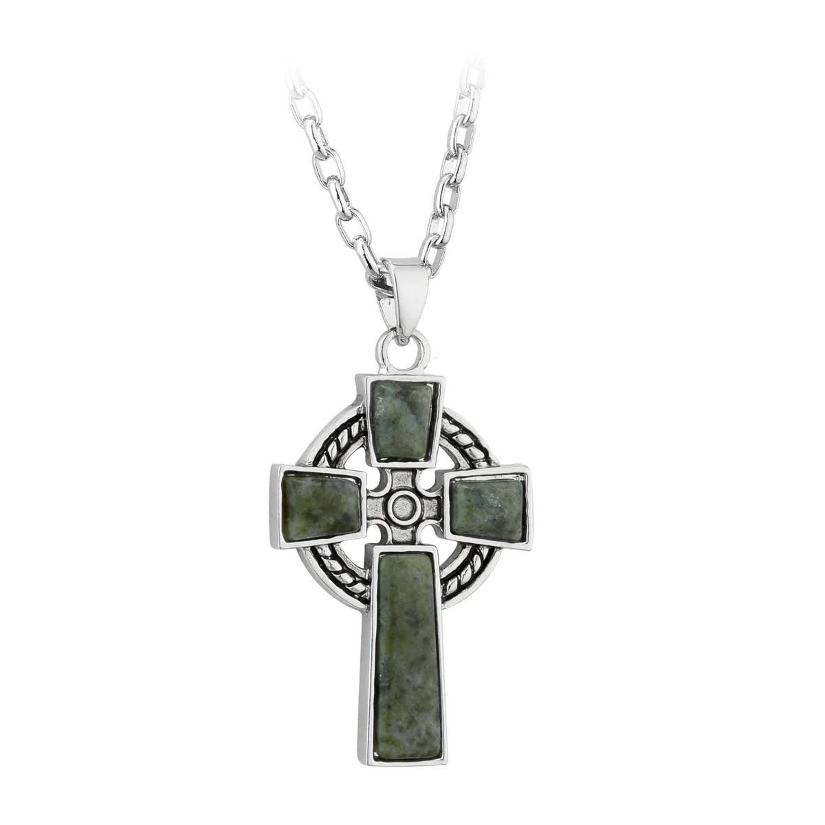 Silver cross pendant with green stones on a white background
