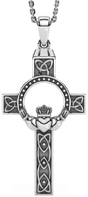 Solvar Rhodium Plated Irish Claddagh Jewelry Trinity Knot Cross Necklace