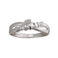 A solvar sterling silver ladies slant claddagh ring with a smaller claddagh stant to the design, featuring a heart for love, cradled in two hands of friendship, crowned in a promise of loyalty.