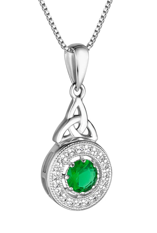 Solvar Sterling Silver Trinity Knot Drop CZ Emerald Round Necklace