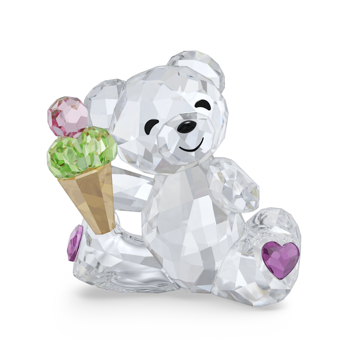 A faceted crystal teddy bear figurine holding an ice cream cone, with pink and green gemstone scoops, a gold cone, and purple heart accents on a white background.