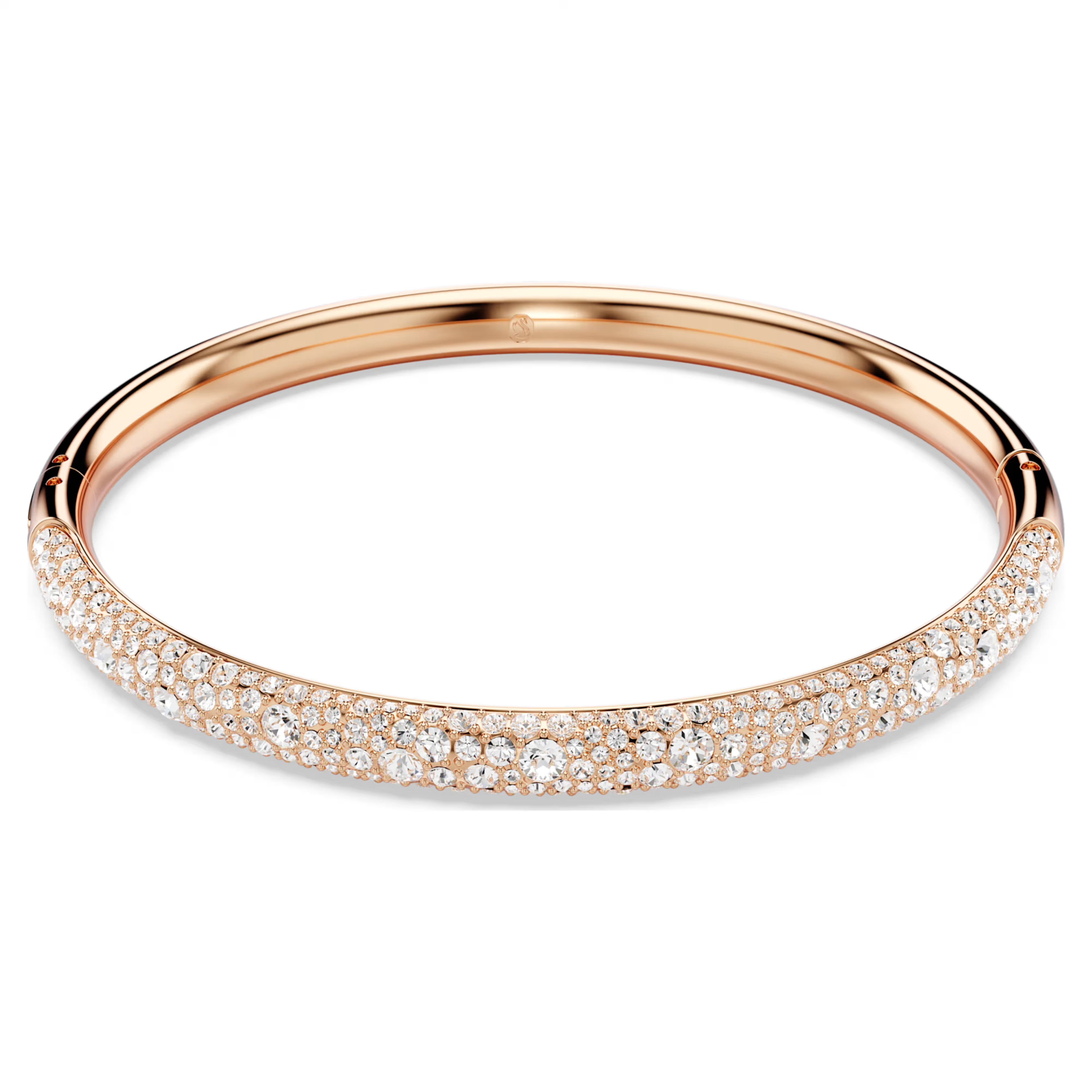 Rose gold bracelet with clear stones on a white background