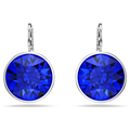 A pair of round-cut deep blue Swarovski crystal earrings with rhodium plating, attached to small silver hooks.