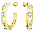 A pair of gold-tone plated hoop earrings with bezel-set crystals in different shapes.
