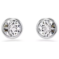 A pair of rhodium-plated round stud earrings with clear faceted crystals in a puffy bezel setting.
