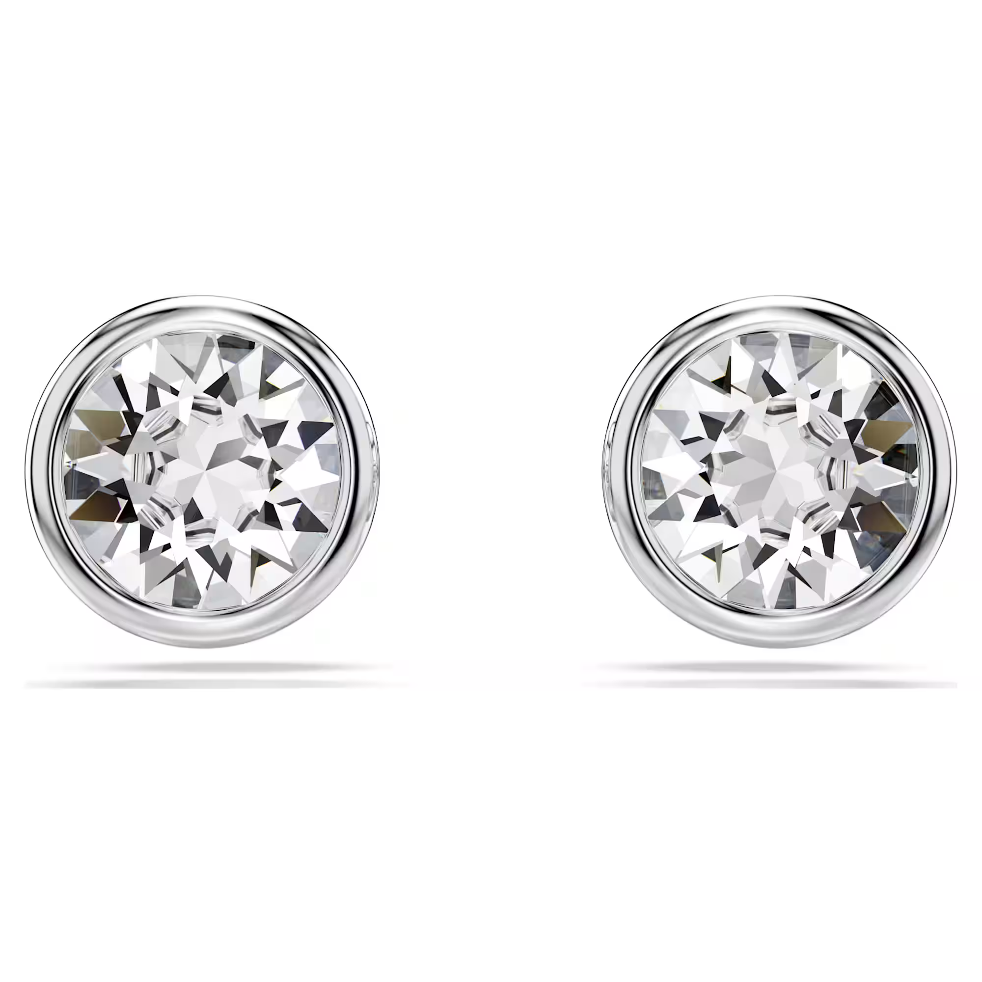 A pair of rhodium-plated round stud earrings with clear faceted crystals in a puffy bezel setting.