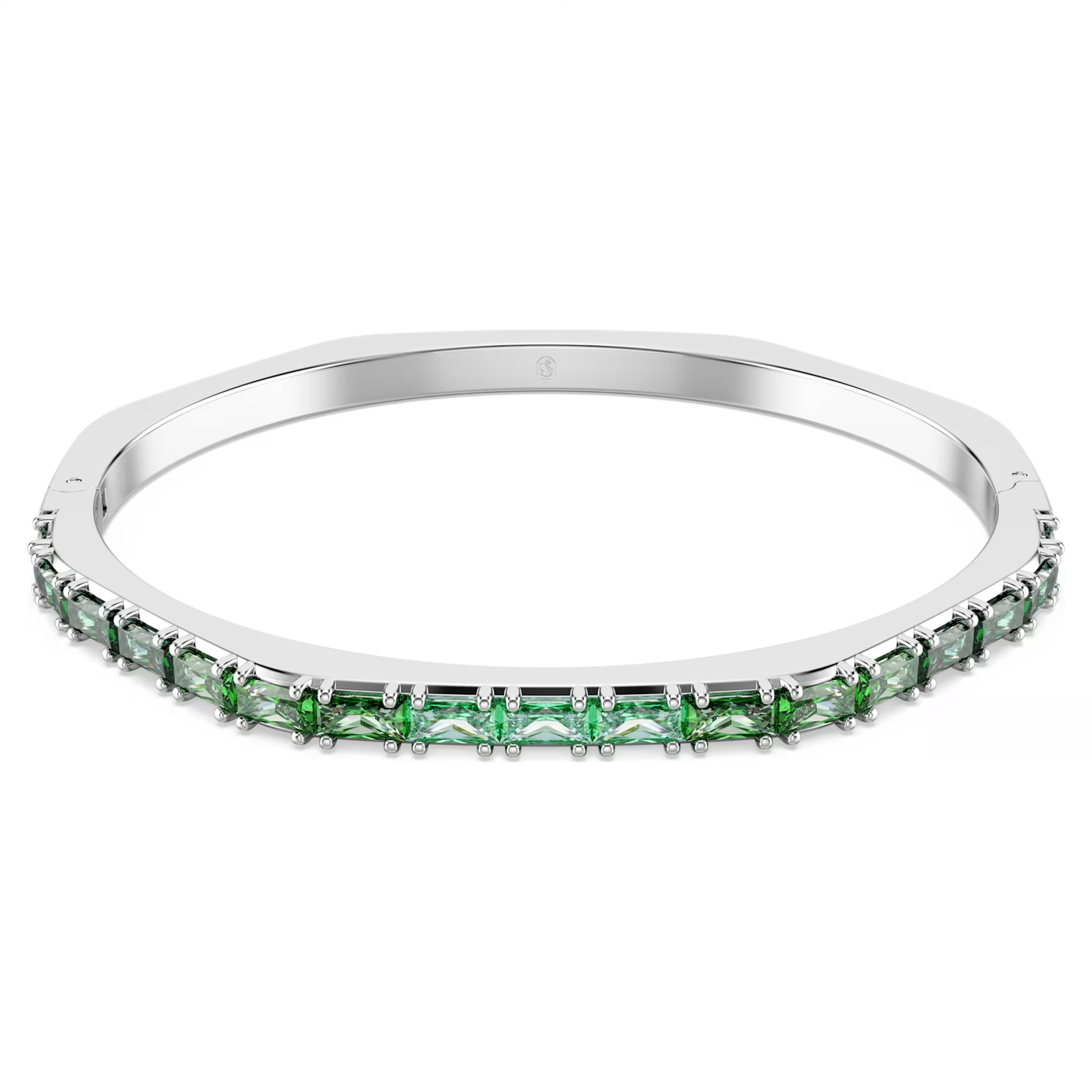 A rhodium plated bangle bracelet with a gradient of green baguette-cut Swarovski Zirconia set in a horizontal pattern.