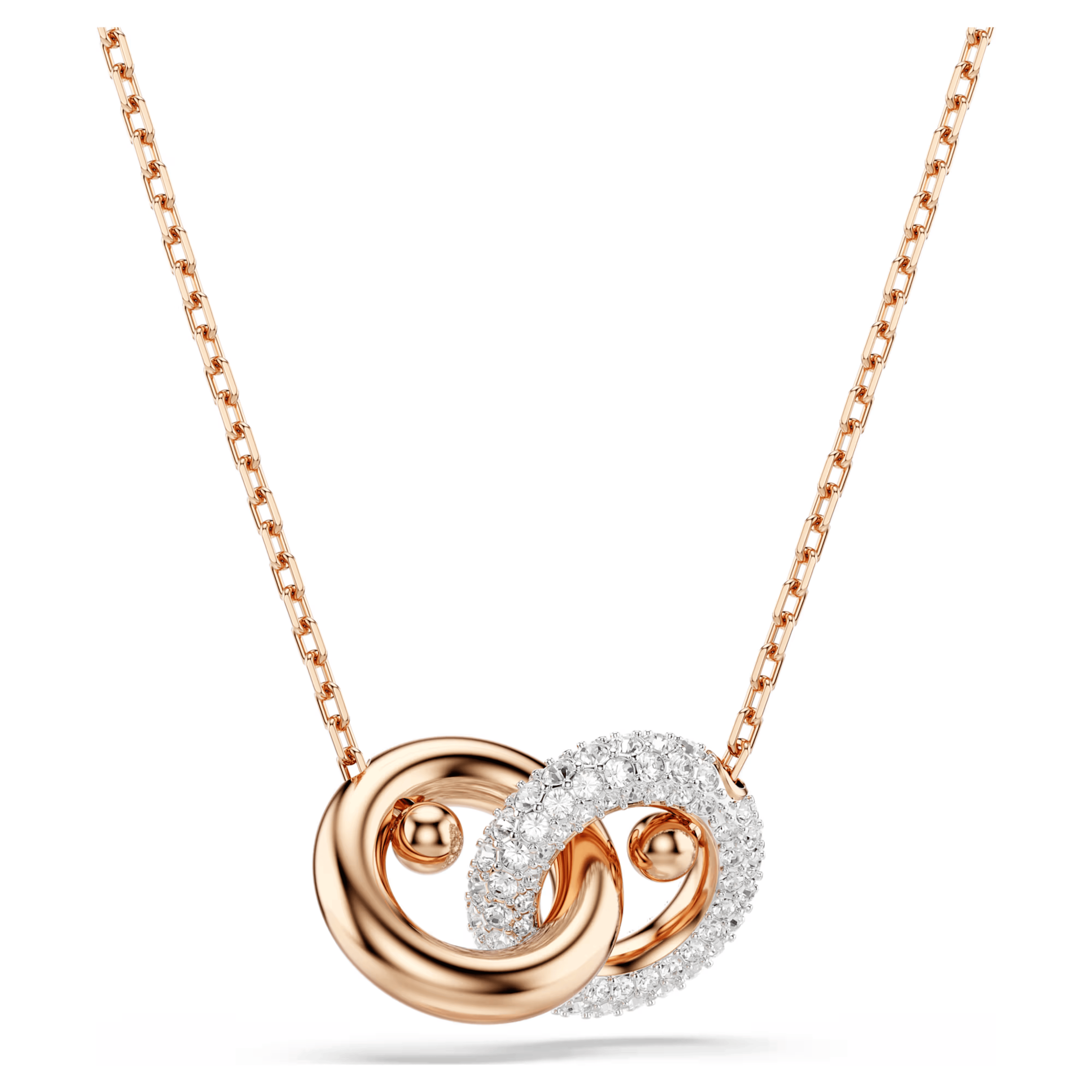 Rose gold necklace with a heart-shaped pendant on a white background