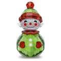 A faceted crystal snowman figurine with a green body, red hat and buttons, and a clear glass face, shown on a plain white background.