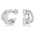Pair of silver hoop earrings with clear gemstones on a white background