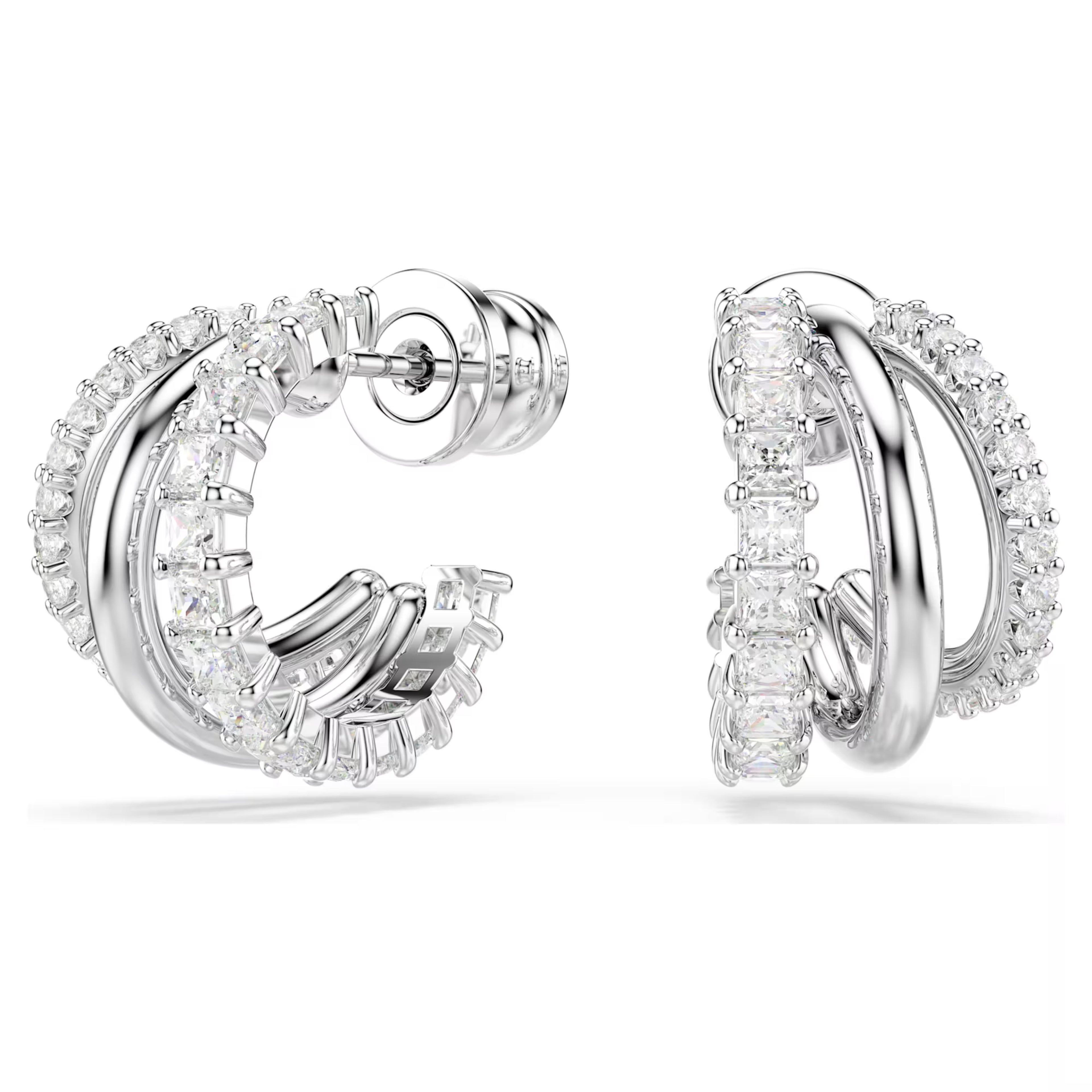 Pair of silver hoop earrings with clear gemstones on a white background