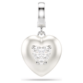 Heart-shaped silver pendant with a clear gemstone on a white background