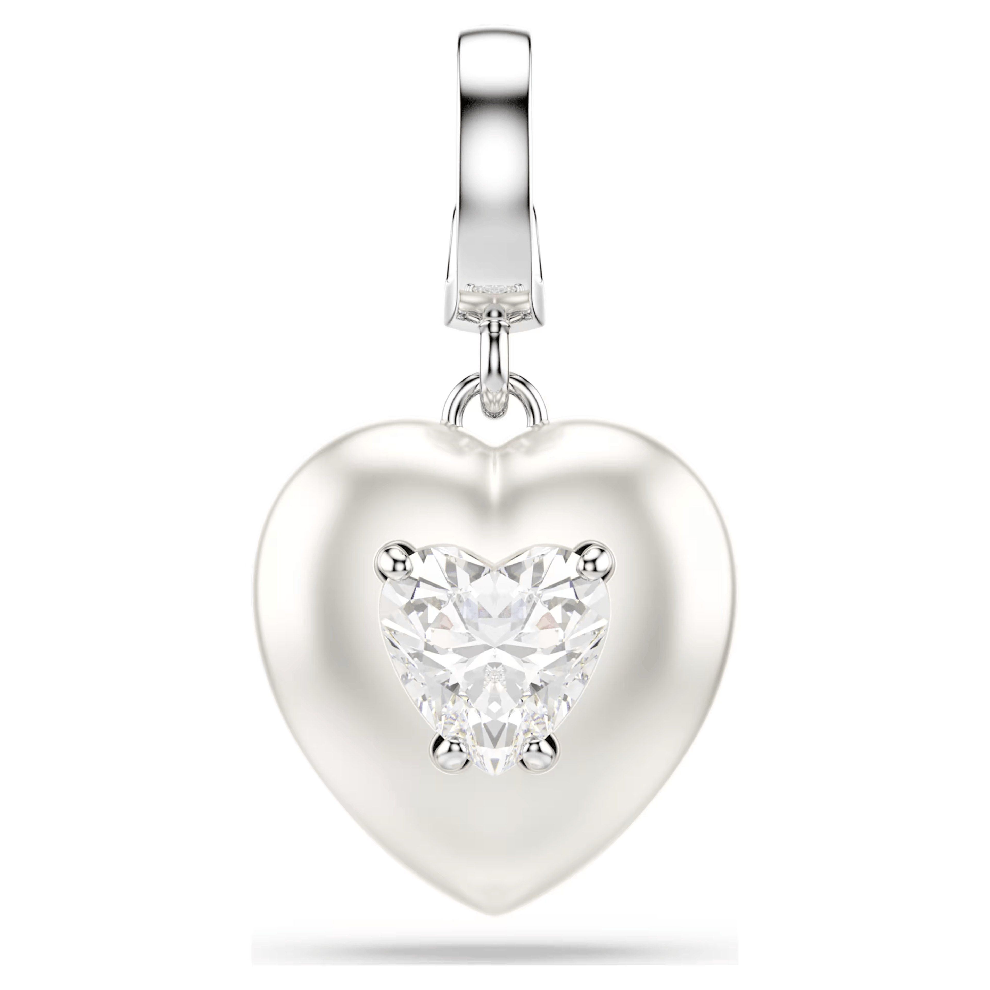 Heart-shaped silver pendant with a clear gemstone on a white background