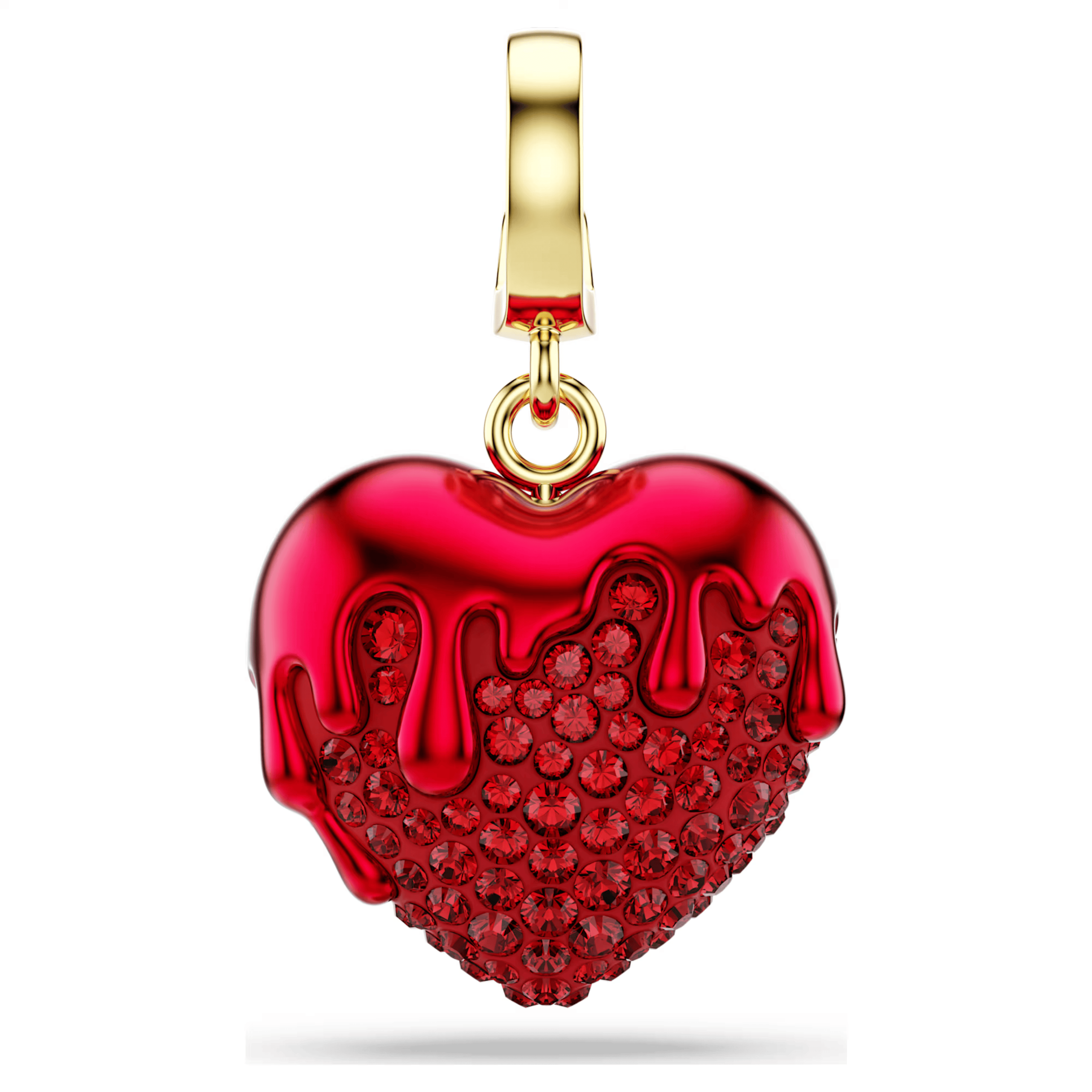 Red heart-shaped pendant with gold chain on a white background
