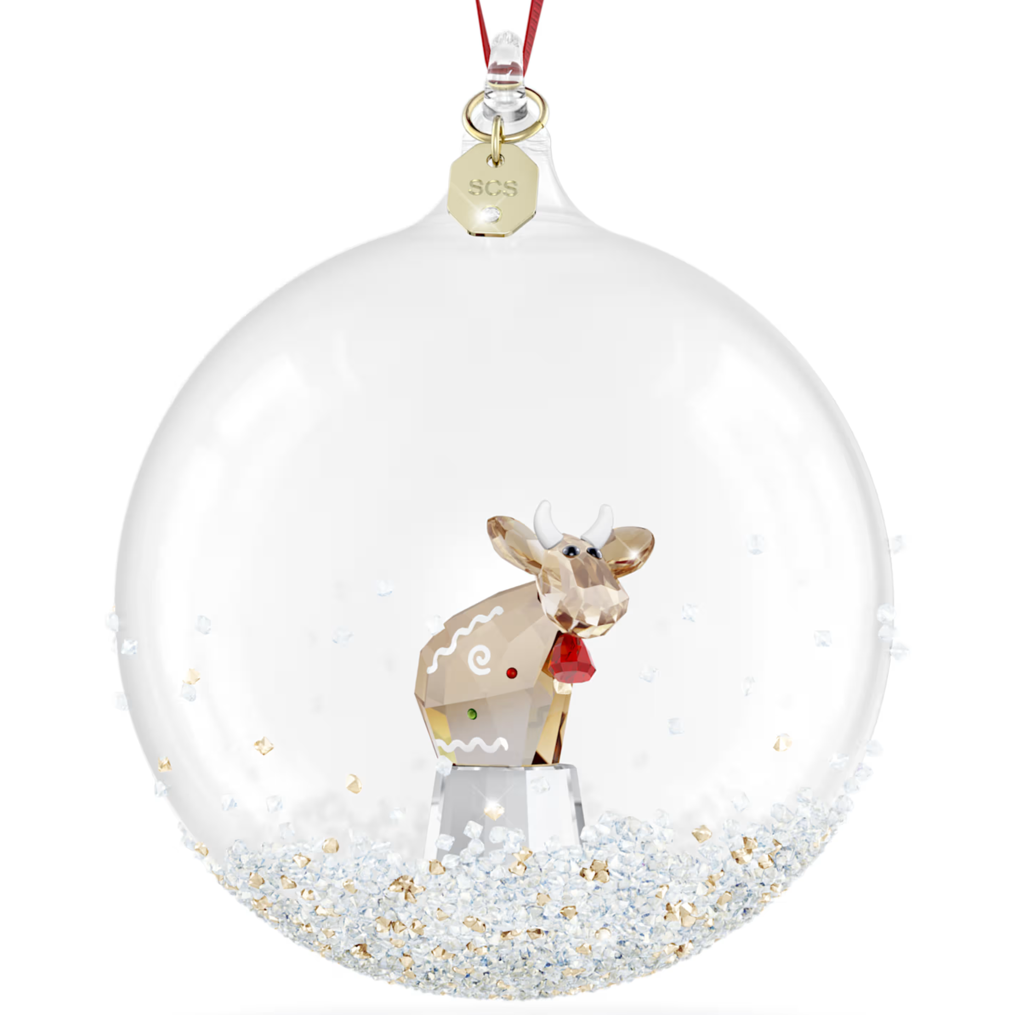A clear round Christmas ornament with a red hanging ribbon, featuring a small reindeer figurine inside a transparent globe filled with white glitter and gold flecks.