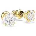 Gold earrings with clear gemstones on a white background