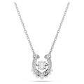 Silver horseshoe necklace with clear gemstone and pearl accents on a white background