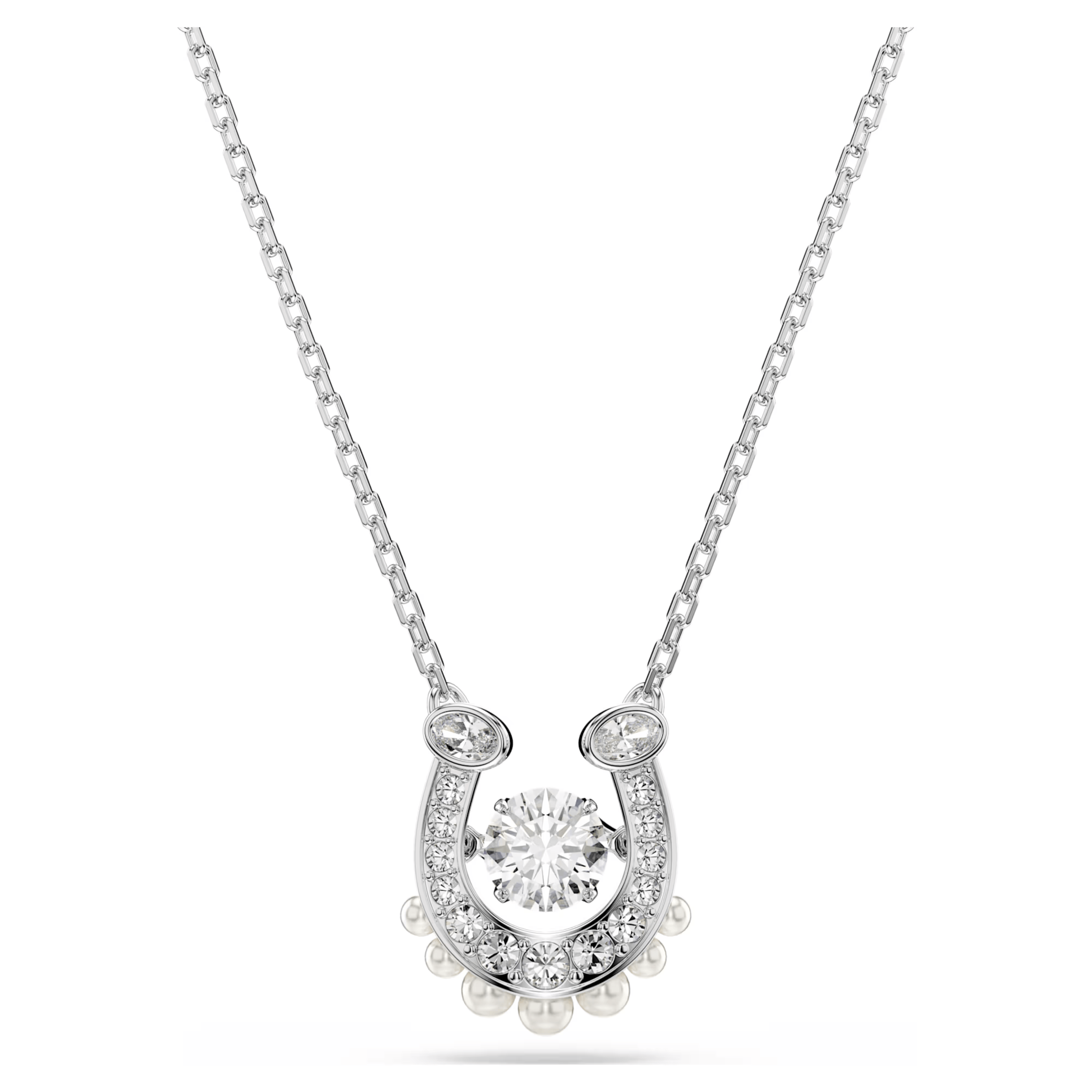 Silver horseshoe necklace with clear gemstone and pearl accents on a white background