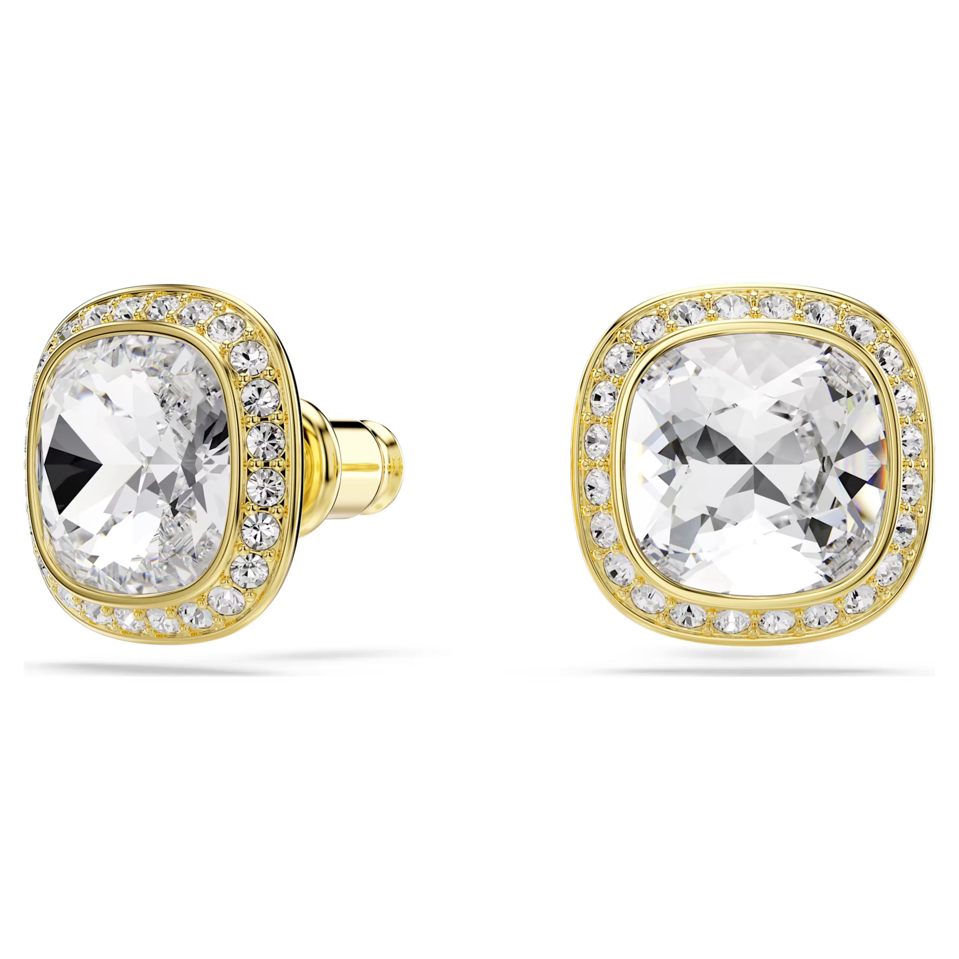 Gold earrings with clear gemstones on a white background