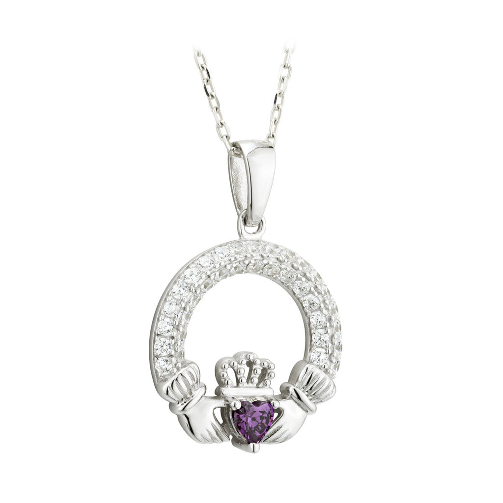 Solvar Irish Jewelry Sterling Silver Claddagh Birthstone Pendant February