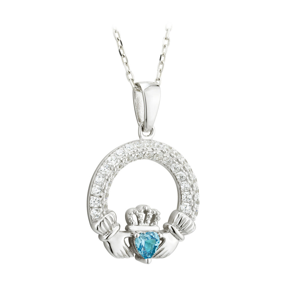 Solvar Irish Jewelry Sterling Silver Claddagh Birthstone Pendant March