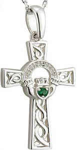 Solvar Silver Celtic Cross Claddagh Emerald Pendant