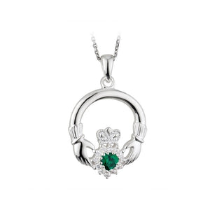 Solvar Sterling Silver Claddagh Emerald Heart Pave Crystal Pendant